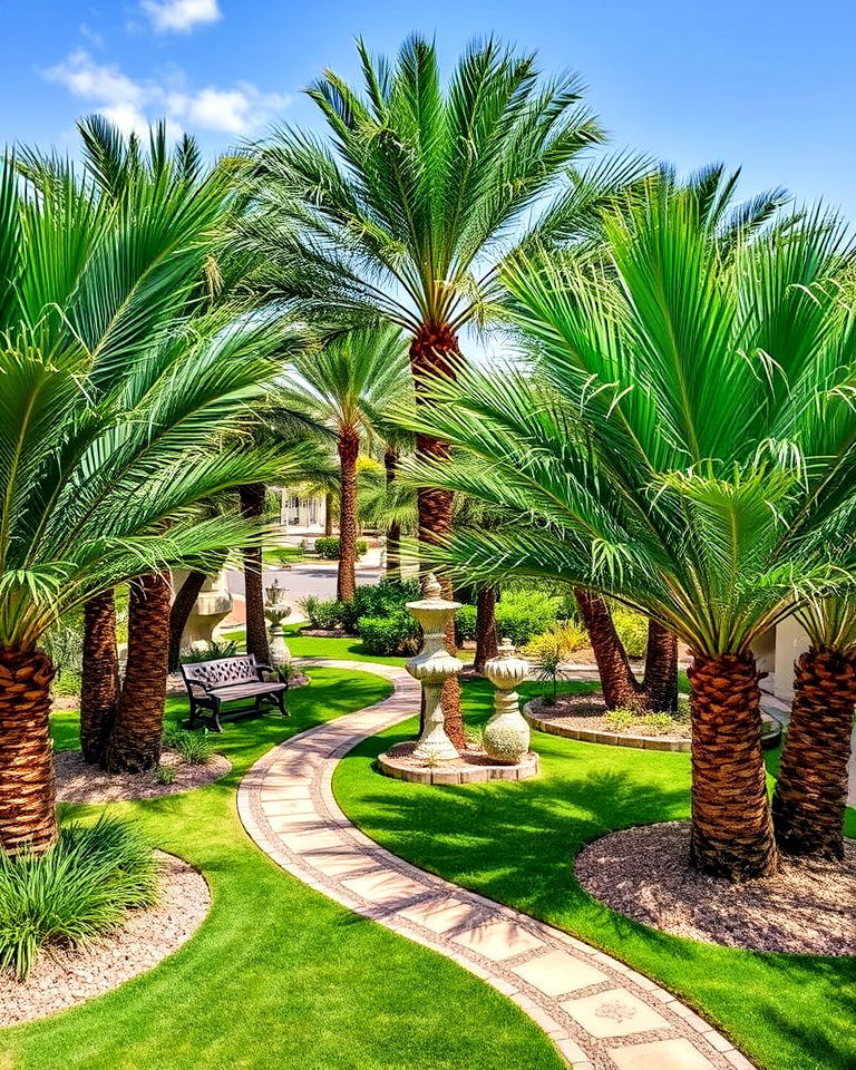 sculpted palm grove with decorative pathways - 25 Front Yard Palm Tree Landscape Design Ideas