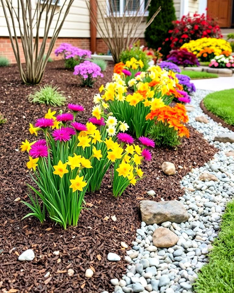 seasonal bloom accents dry creek bed landscaping - 25 Front Yard Dry Creek Bed Landscaping Ideas