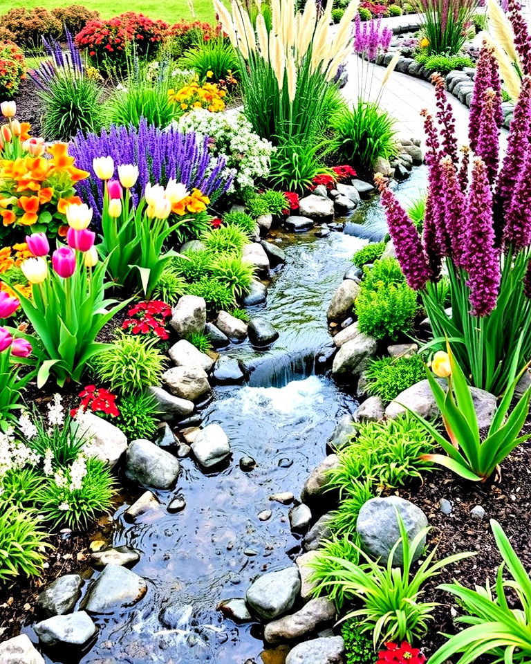 seasonal stream with colorful plants - 25 Small Garden Stream Ideas