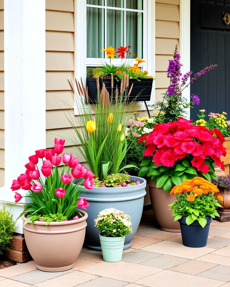 seasonal variety with movable pots - 20 Front Yard Landscaping With Potted Plants