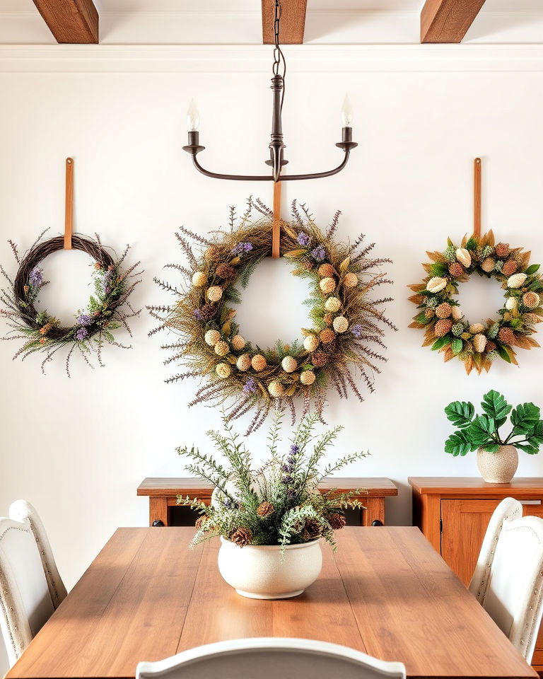 seasonal wreaths on walls - 40 Cottagecore Dining Room Ideas