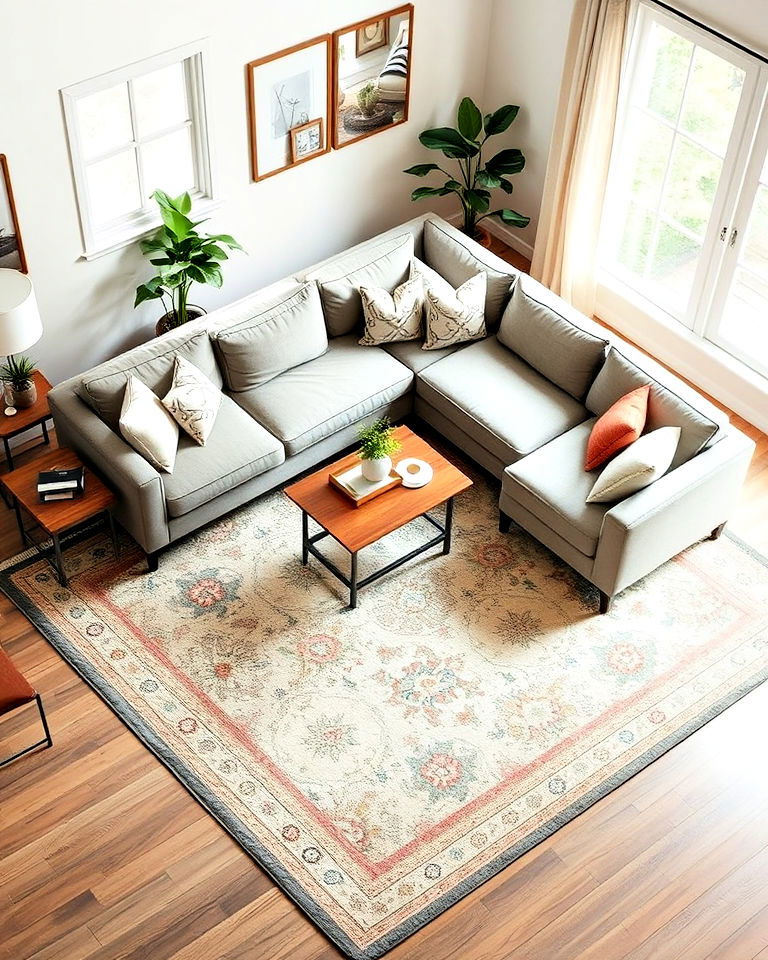 sectional around a large rug - 25 Small Living Room Sectional Layout Ideas