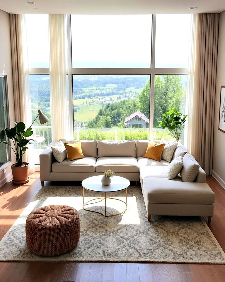 sectional in front of large window - 25 Small Living Room Sectional Layout Ideas