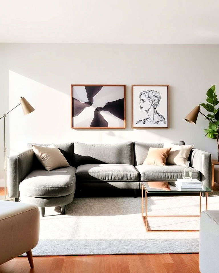 sectional sofa with a standard two seater - 15 Mismatched Sofas in Living Room Ideas