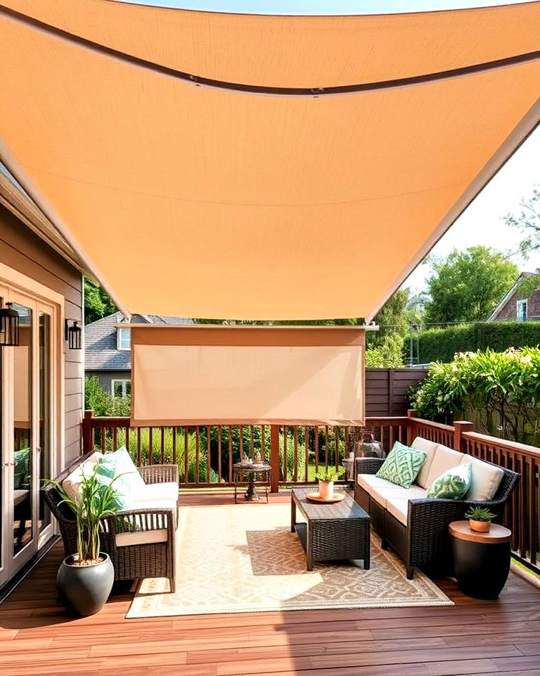 shaded deck with retractable canopy - 30 Garden Decking Ideas