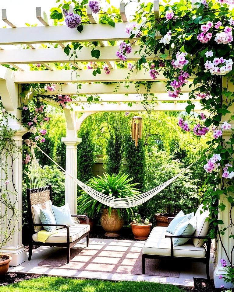 shaded meditation nook under a pergola - 15 Meditation Garden Ideas