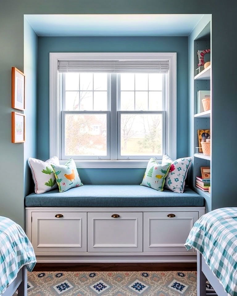 shared kids room window seating for relaxation - 40 Shared Kids Room Design Ideas