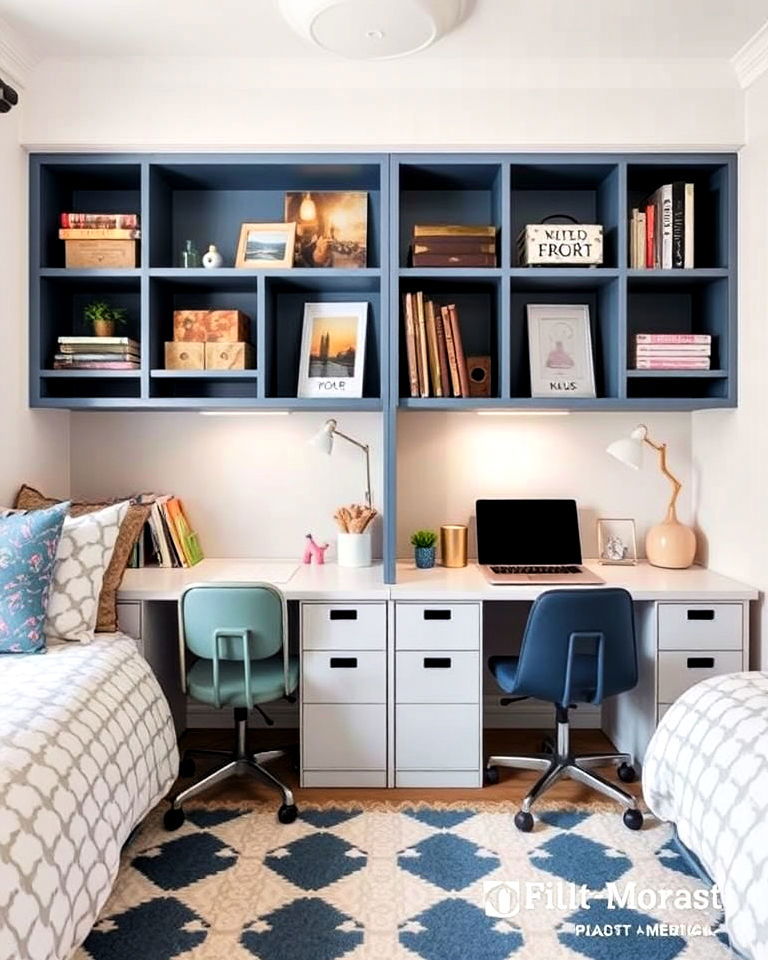 shared workspace with dual desks - 40 Shared Kids Room Design Ideas