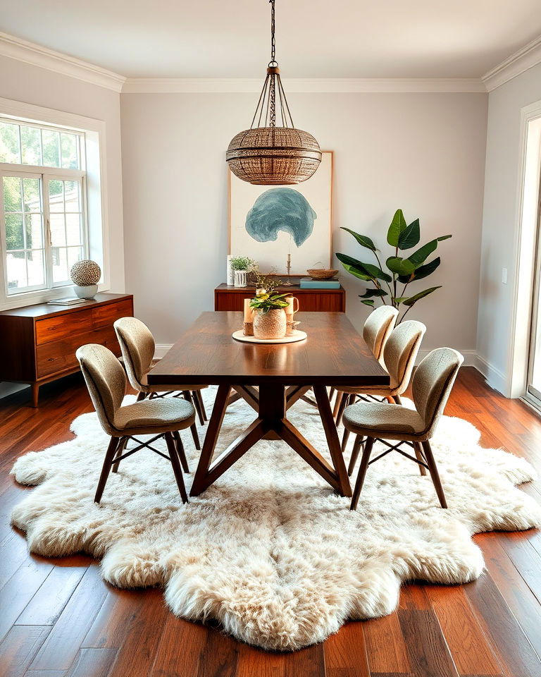 sheepskin rug for a mid century boho dining area - 25 Mid Century Boho Decor Ideas