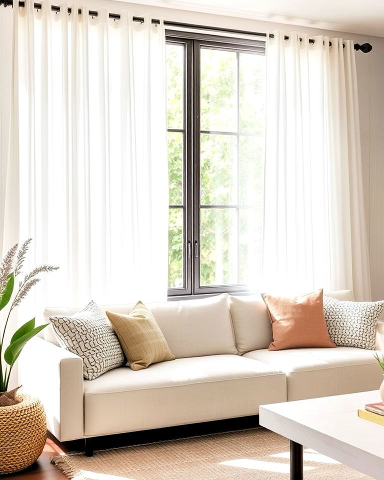 sheer curtains for soft light in living room - 20 Minimalist Modern Boho Living Room Ideas