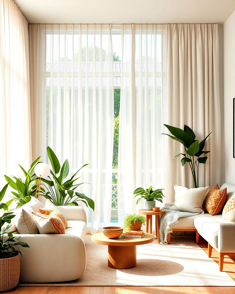 sheer drapes in jungle living room for natural light - 15 Boho Jungle Living Room Ideas