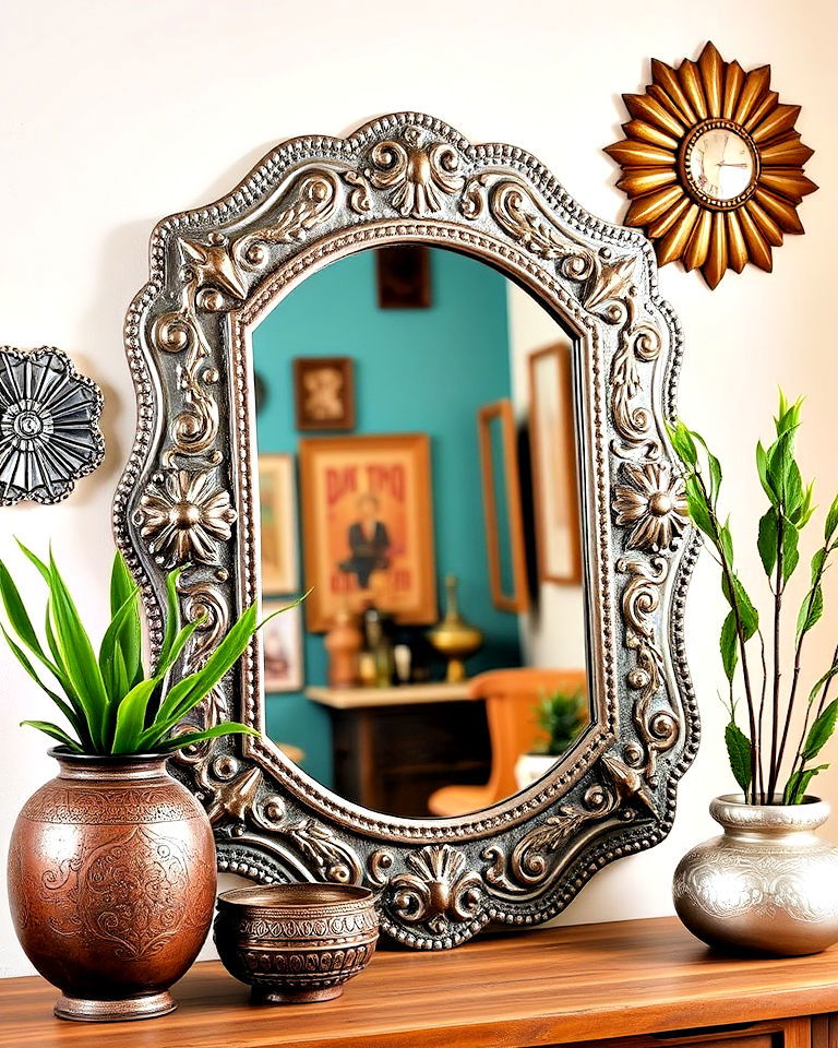 shimmer with tin mirrors and frames - 25 Mexican Decor Ideas