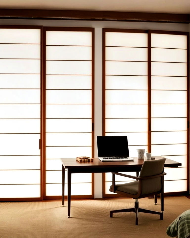shoji inspired sliding doors home office - 30 Japandi Style Home Office Ideas