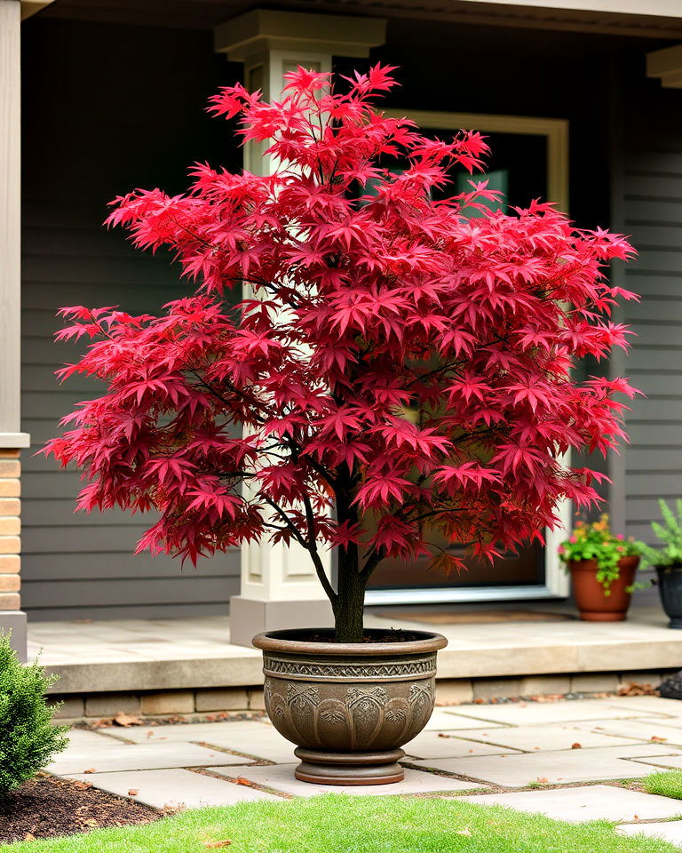 showcase a japanese maple in a decorative container - 20 Front Yard Japanese Maple Tree Landscaping Ideas