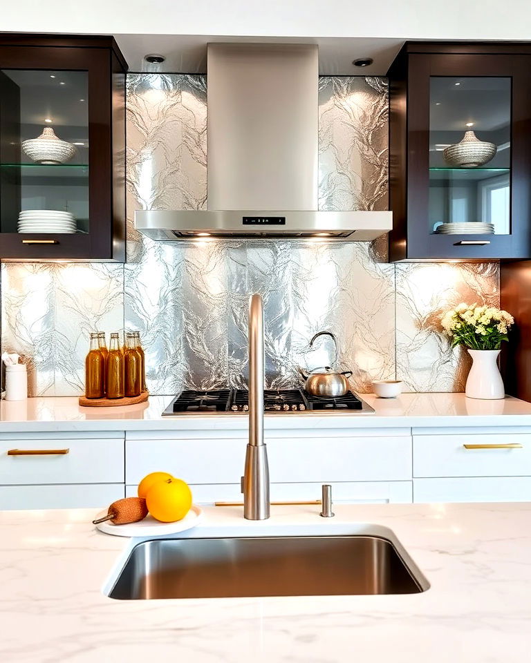 silver leaf mirrored backsplash for glamour - 25 Mirrored Backsplash Kitchen Ideas