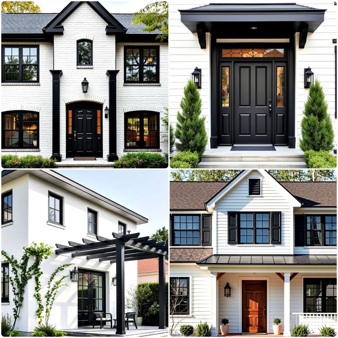 single story white house black trim ideas