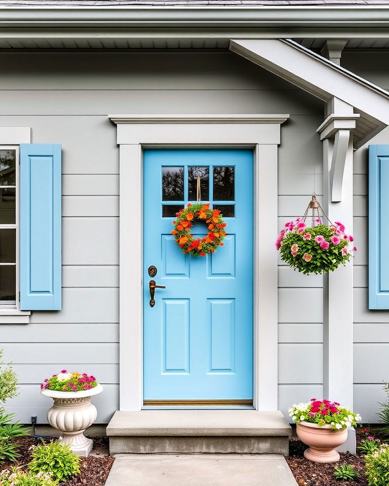 sky blue doors on a grey house - 25 Grey House With Blue Door Ideas