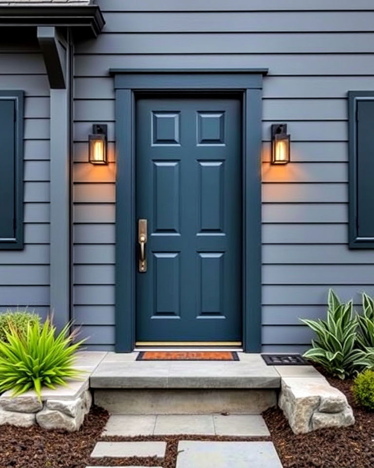 slate blue for monochromatic harmony - 25 Grey House With Blue Door Ideas