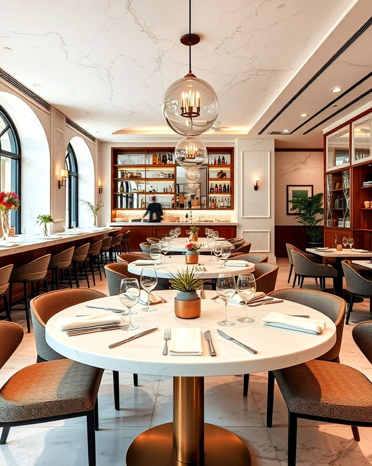 sleek marble countertops and tables - 25 Italian Restaurant Decor Ideas
