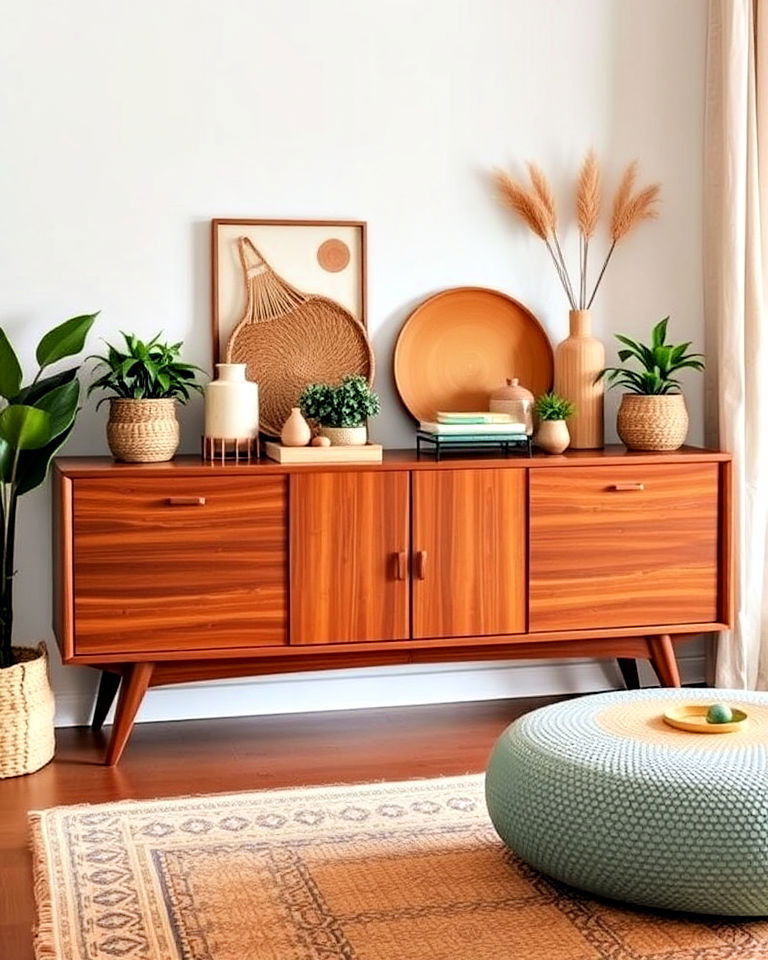 sleek wooden credenza for boho inspired space - 25 Mid Century Boho Decor Ideas