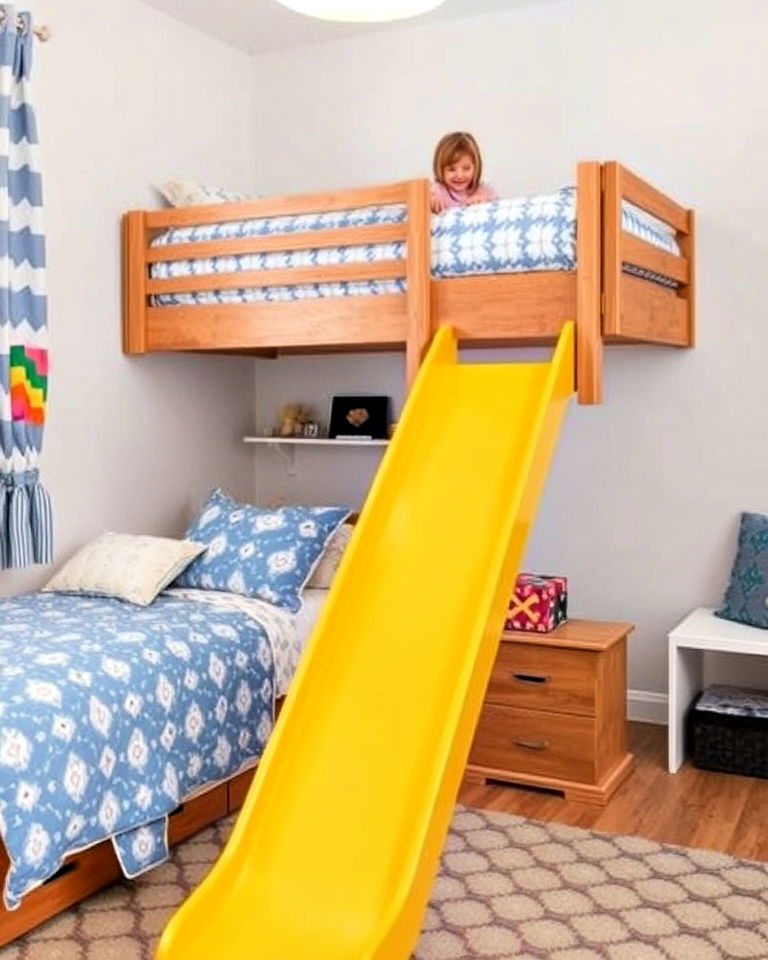 slide features for playful elements - 40 Shared Kids Room Design Ideas