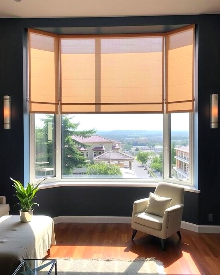 sliding panels for contemporary flair - 30 Bay Window Treatment Ideas