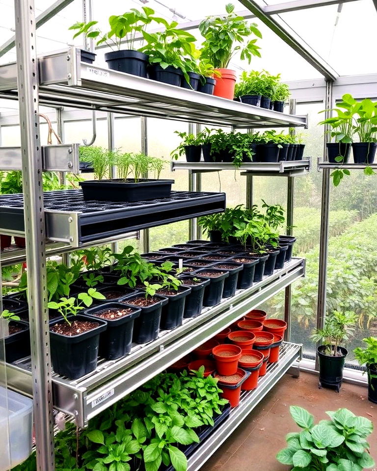sliding shelves for easy access - 25 Greenhouse Shelving Ideas