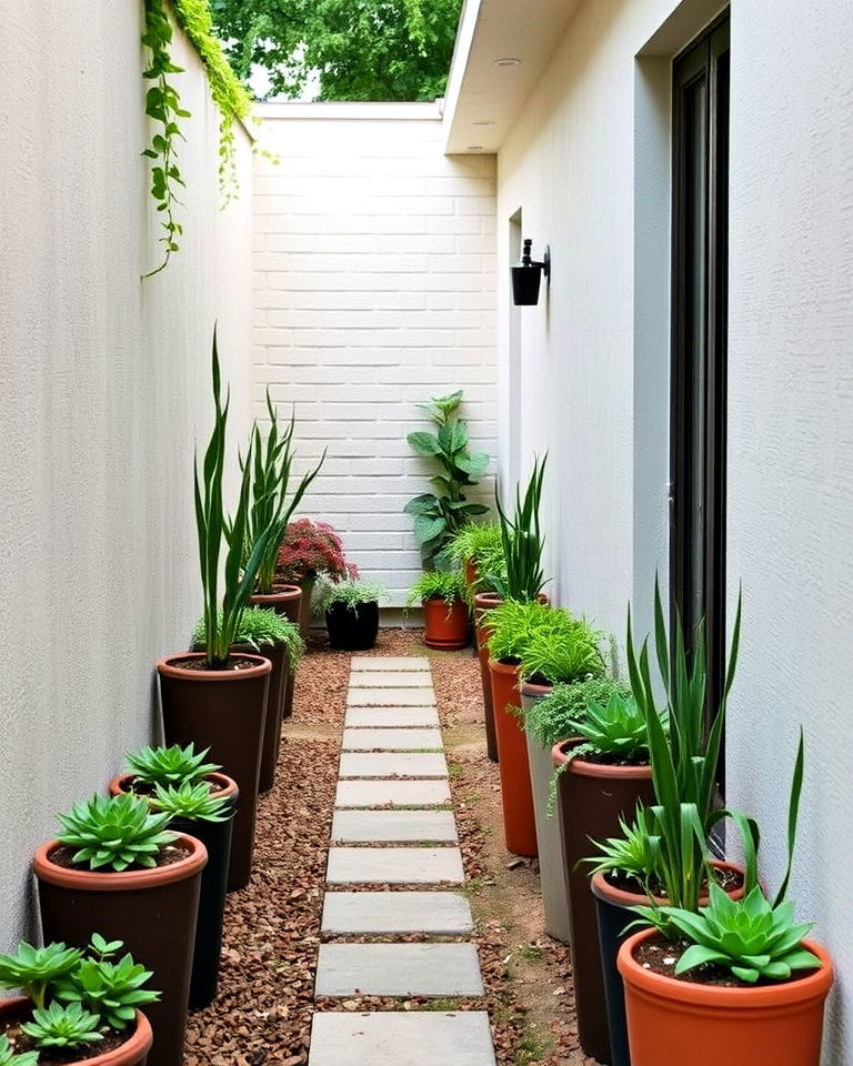 slim pathways with potted plants - 15 Narrow Garden Ideas