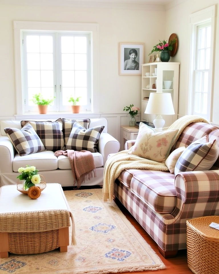 slipcovered couch with a plaid upholstered loveseat - 15 Mismatched Sofas in Living Room Ideas