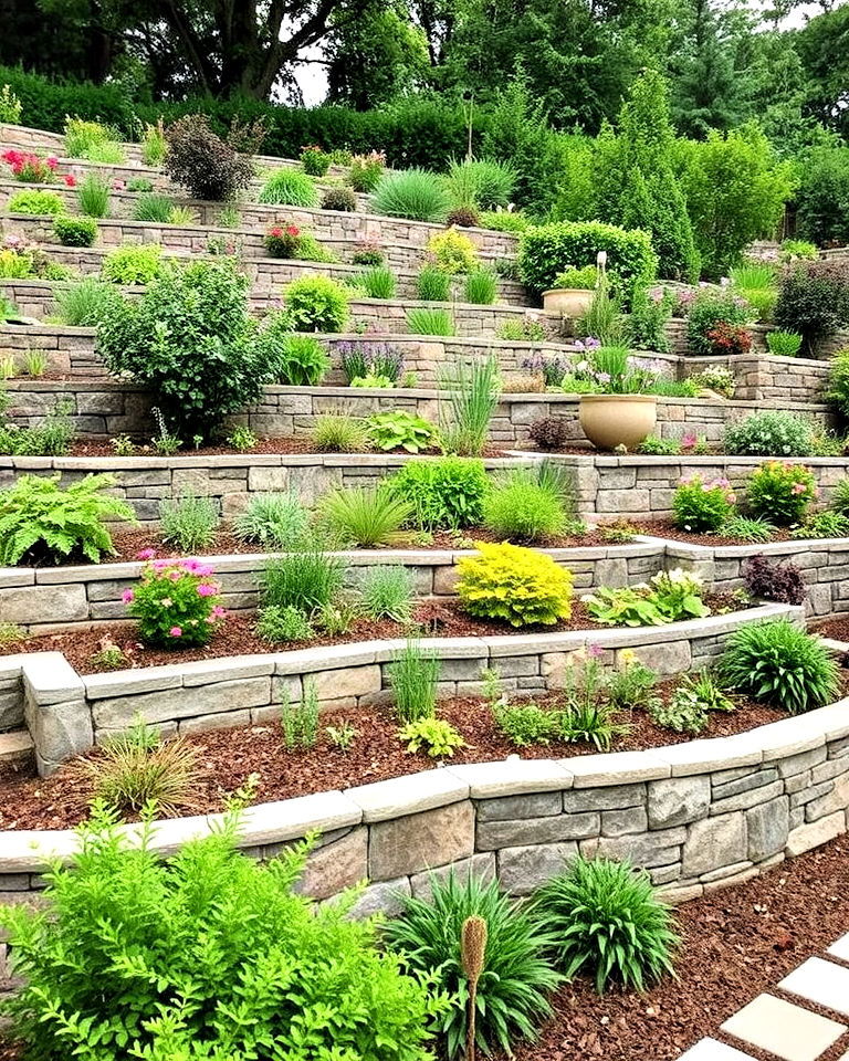 sloping garden into a series of terraced planting beds - 15 Sloping Garden Design Ideas