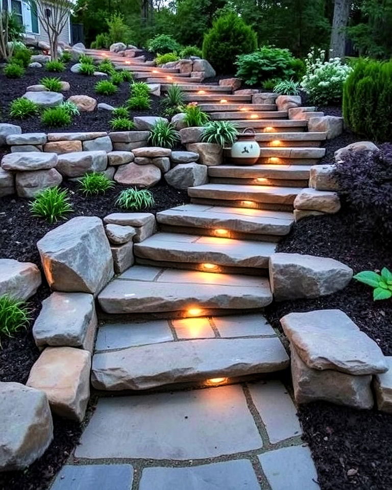 sloping landscape with multi level bluestone steps - 20 Bluestone Walkway Ideas
