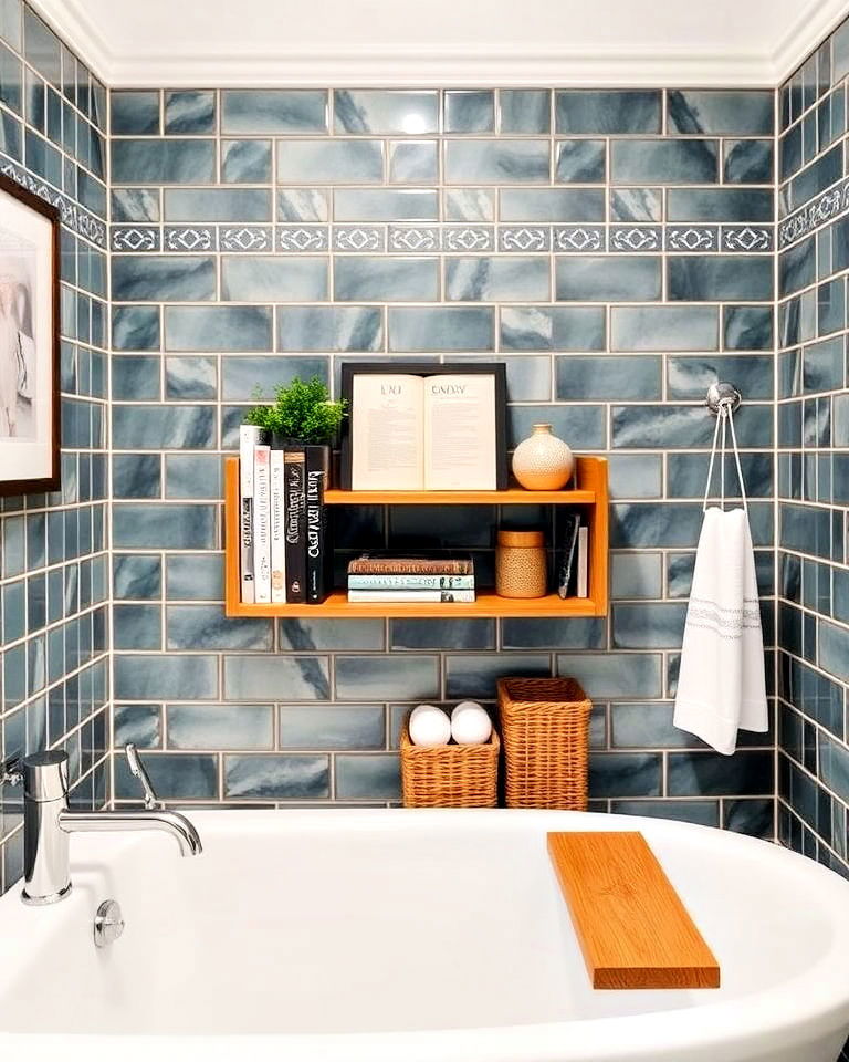 small bookshelf near the bathtub - 25 Bathtub Decor Ideas