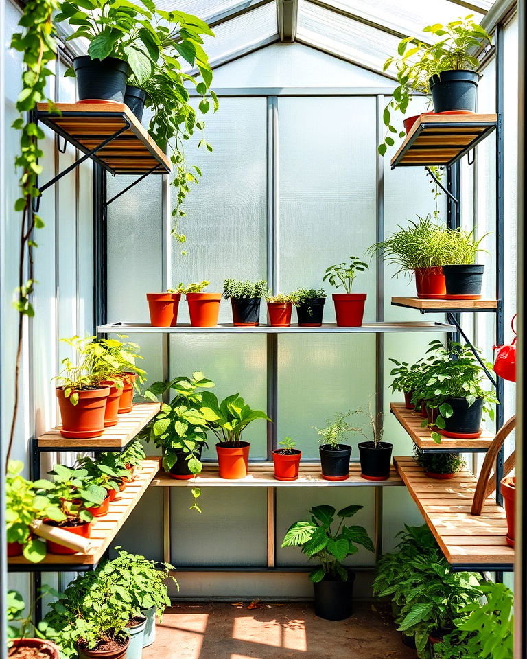 small greenhouse wall mounted shelving - 25 Greenhouse Shelving Ideas