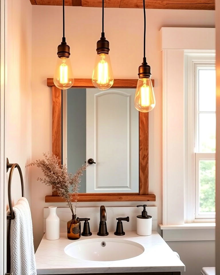 small pendant lights with edison bulbs - 25 Small Rustic Bathroom Ideas