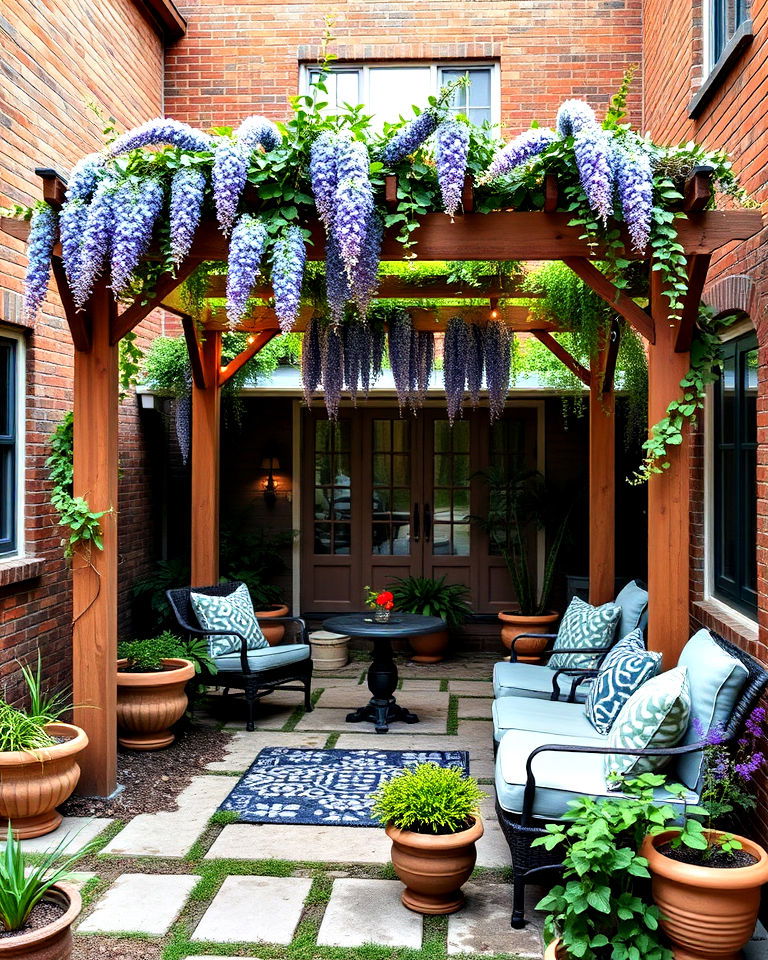 small pergola introduces a shaded - 25 Front Yard Courtyard Ideas