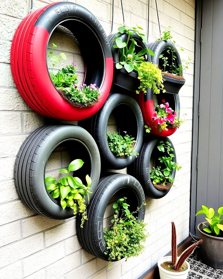 small spaces tyre vertical garden - 25 Recycled Tyre Garden Art Ideas