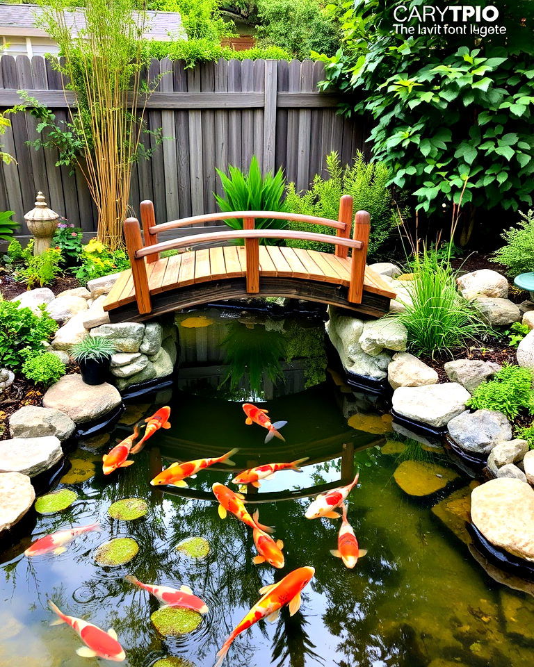 small wooden or stone bridge over your koi pond - 15 Small Koi Pond Ideas