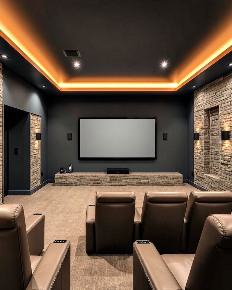 smoky gray with stone accents home theater - 15 Gray Home Theater Paint Color Schemes