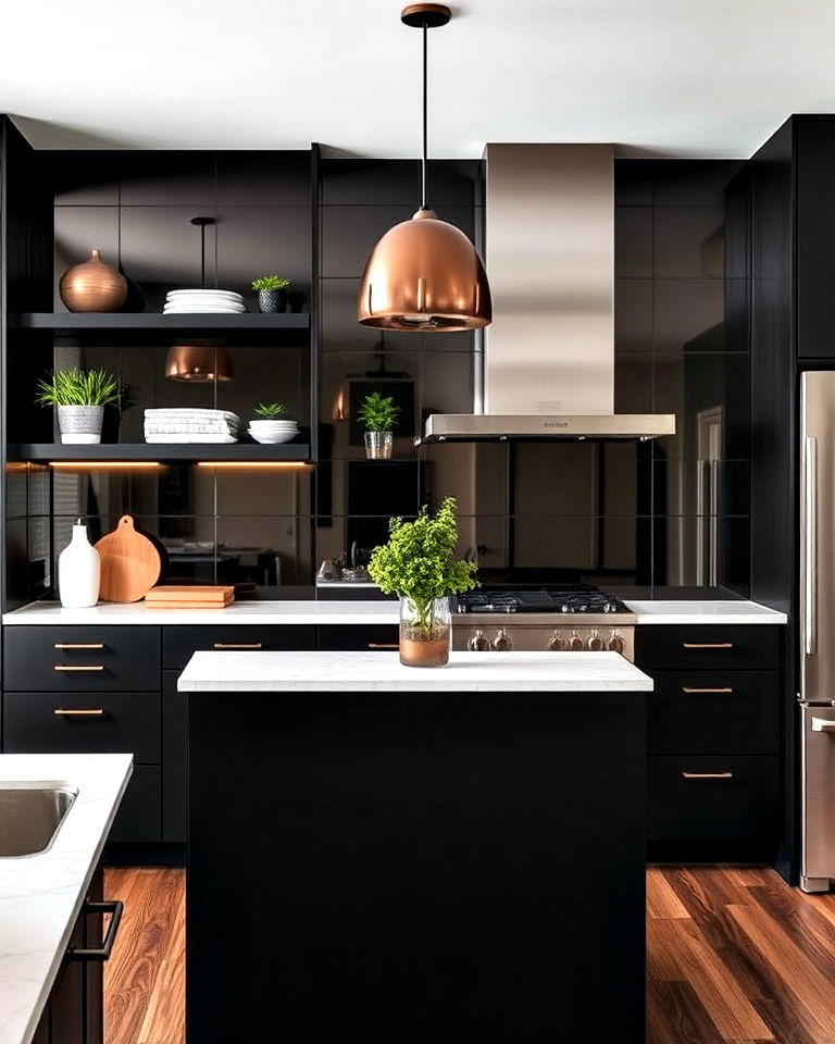 smoky mirrors backsplash for a dramatic effect - 25 Mirrored Backsplash Kitchen Ideas