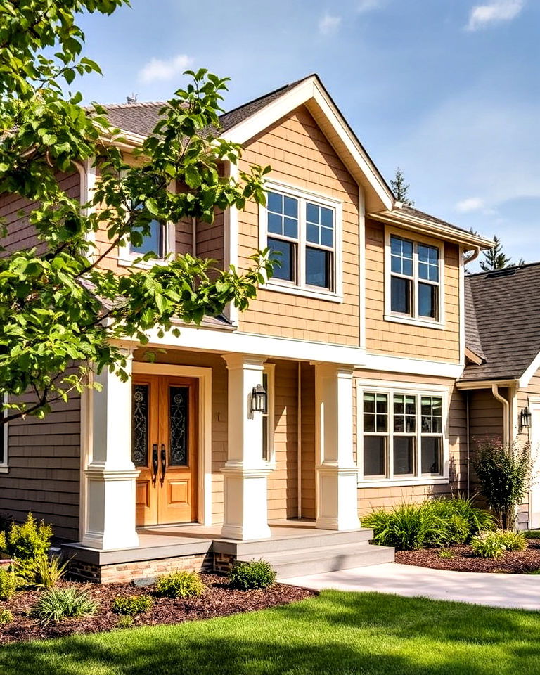 soft beige clay siding with eco friendly accents - 15 Home Designs Using Natural Clay Siding Colors