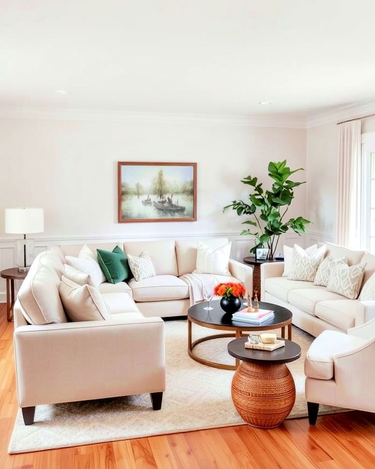 soft beige sectional sofa with a crisp white loveseat - 15 Mismatched Sofas in Living Room Ideas