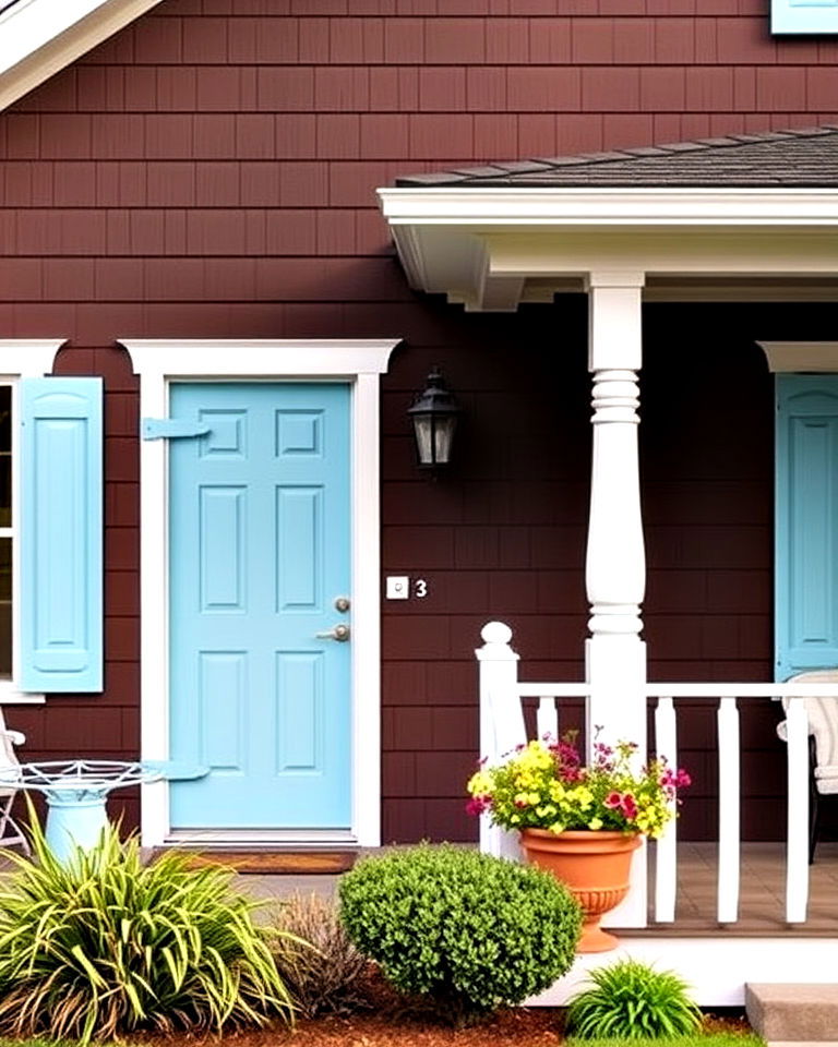 soft chocolate brown exterior with pastel blue accents - 15 Chocolate Brown House Exterior Design Ideas