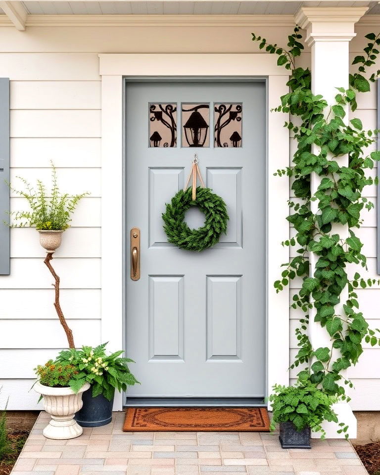 soft gray farmhouse front door - 25 Farmhouse Front Door Ideas