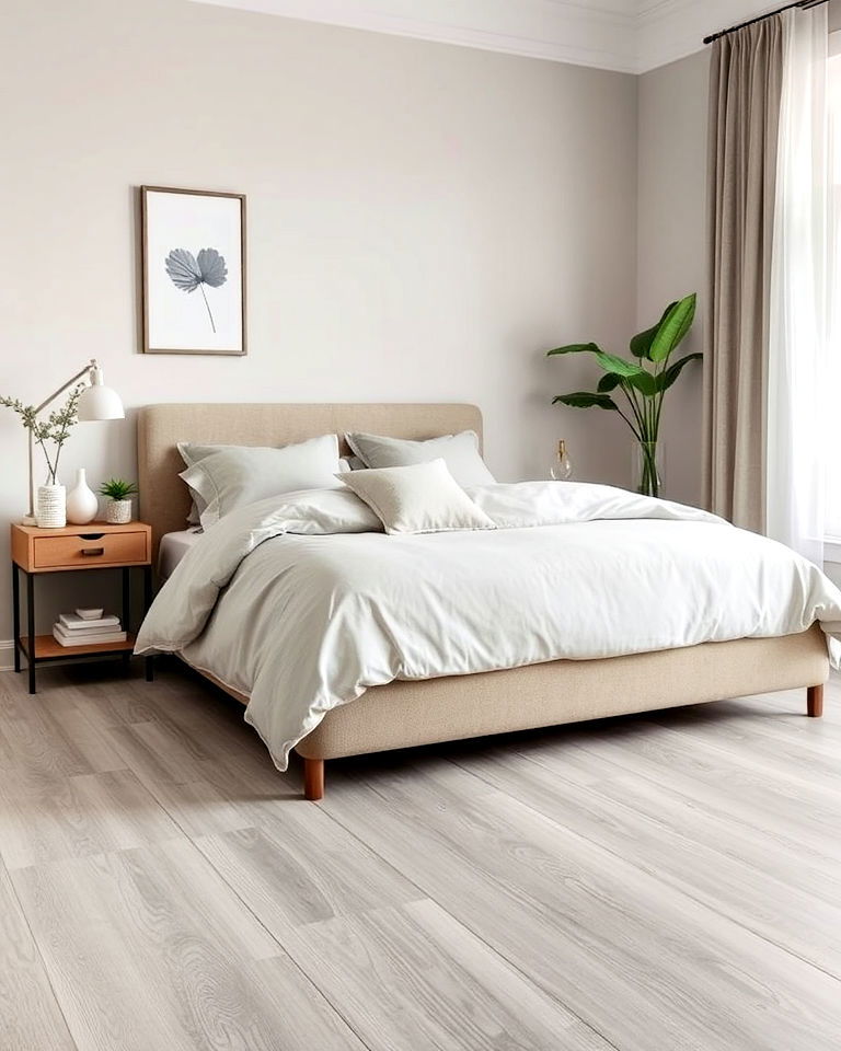 soft gray vinyl planks flooring - 15 Vinyl Flooring Bedroom Ideas