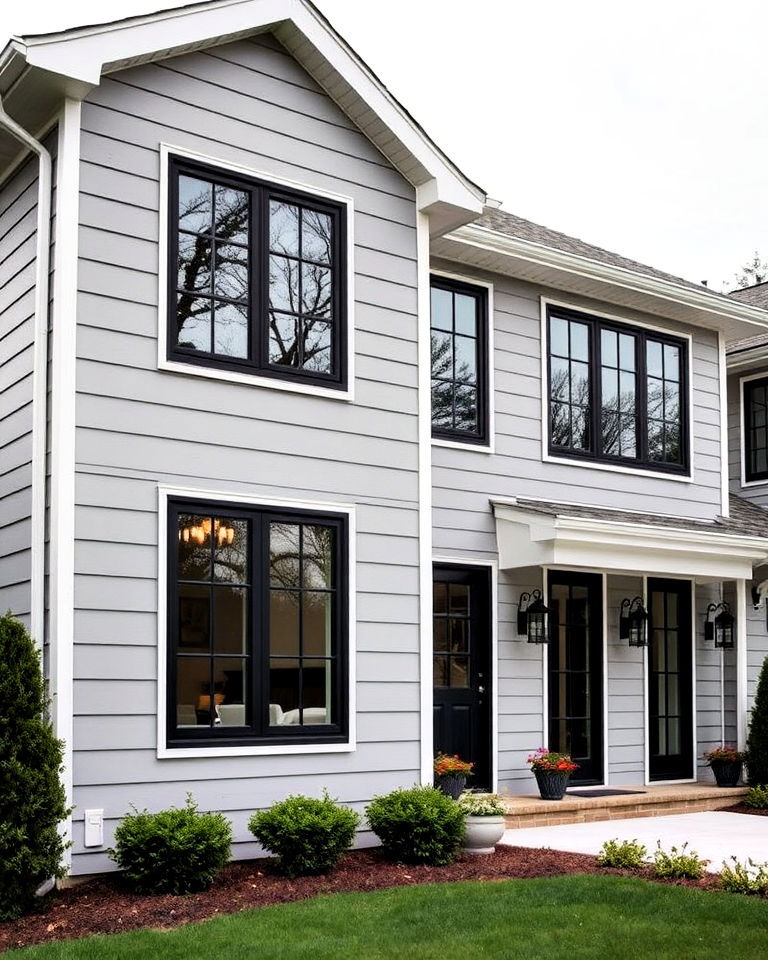 soft grey house with black window frames - 25 Grey House With Black Trim