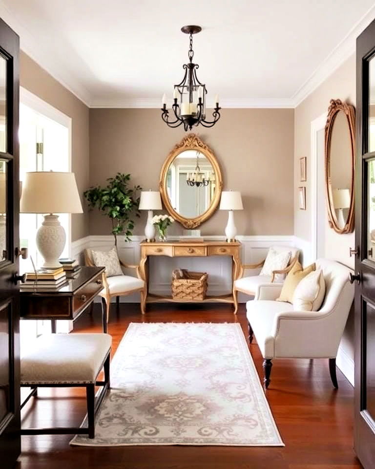 soft laa welcoming entryway to set the toneyered lighting for a warm glow - 30 French Country Living Room Ideas