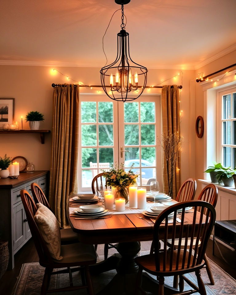 soft lighting with fairy lights dining room - 40 Cottagecore Dining Room Ideas