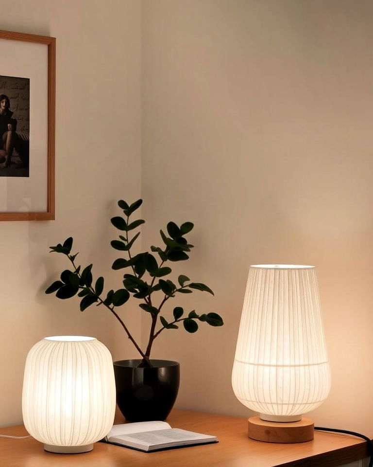 soft lighting with rice paper lamps soft lighting with rice paper lamps - 25 Japandi Home Office Ideas