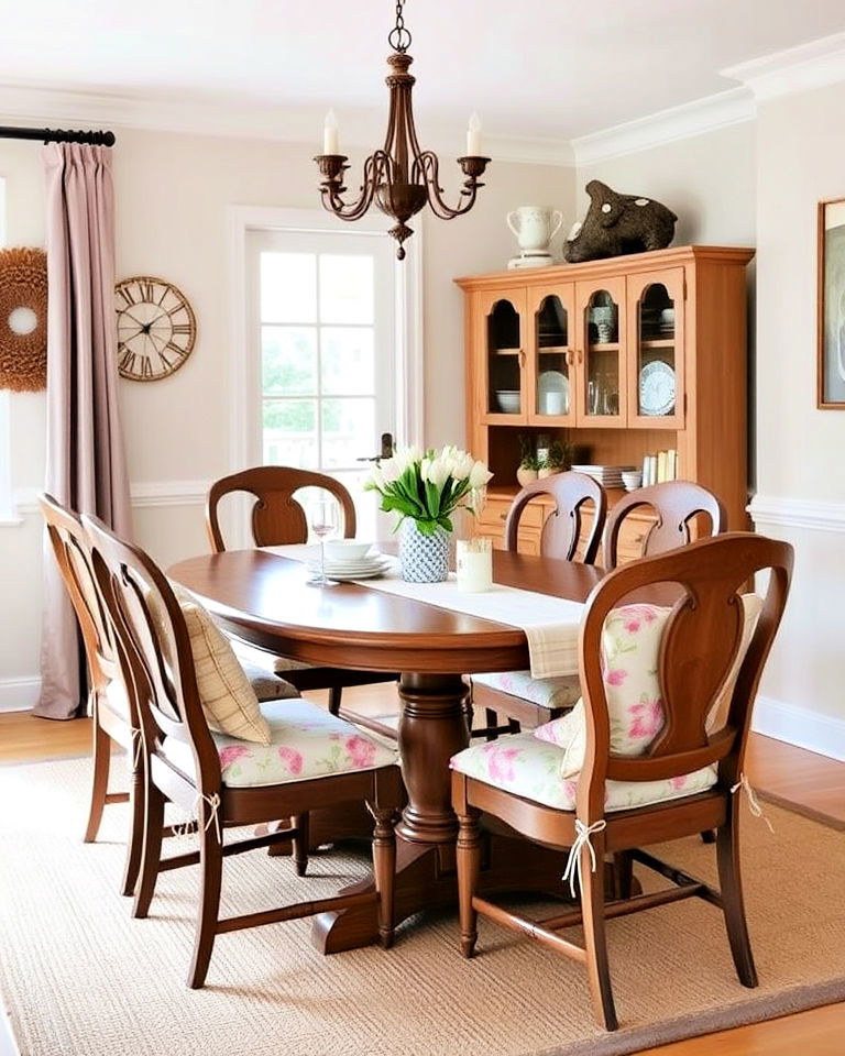 soft patterned cushions cottagecore dining room - 40 Cottagecore Dining Room Ideas