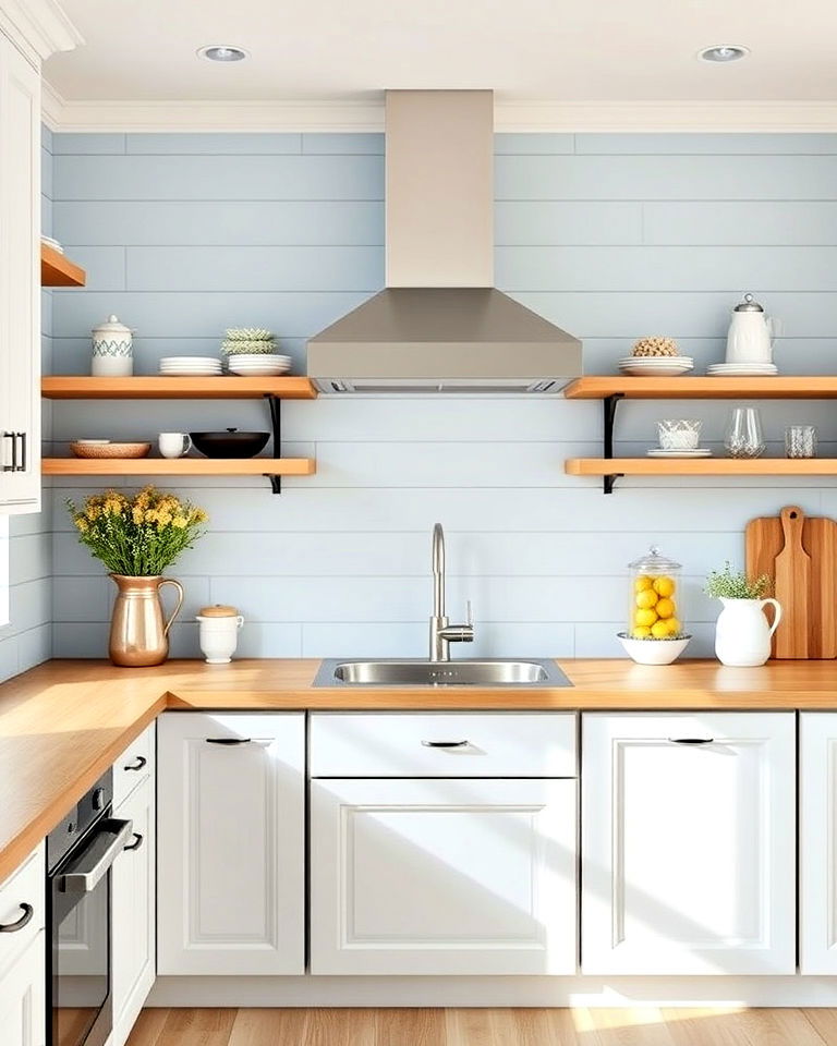 soft powder blue shiplap backsplash for kitchen - 25 Kitchen With Blue Backsplash Ideas